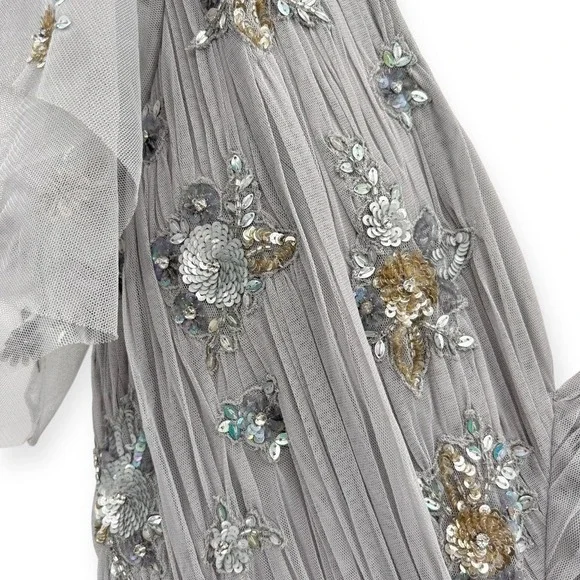 Mac Duggal NEW Ruffle Tiered Embellished Flutter Sleeve Gown Platinum -  Size 6